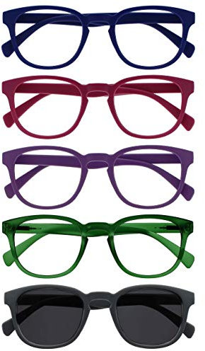OPULIZE Pop 5 Pacco Occhiali Da Lettura Con Lettore Sole Retrò Blu Rosa Porpora Verde Grigio Uomo Donna RRRRS2-34567 +2,00
