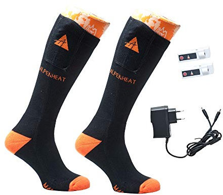 Alpenheat 1 Paar beheizte Socken/Strümpfe mit 2 Akkus und einem Ladegerät, Baumwolle, schwarz orange (XL (46-48))