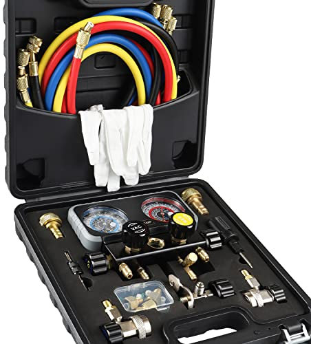Lichamp AC R1234YF R134A Messgerät-Set, Automotive 4 Ventil Krümmerlehre Kompatibel mit R1234YF R134A und R404A Kältemitteln, funktioniert auf Auto Freon Laden und Evakuierung