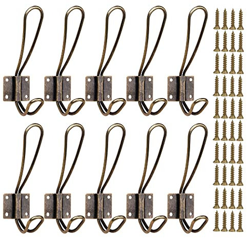 OHIYO Ganci da parete Confezione da 10 ganci doppi, ganci rustici per appendere appendiabiti a parete per cappotto da fattoria, sciarpa, borsa, asciugamano cappello con viti in metallo incluse bronzo