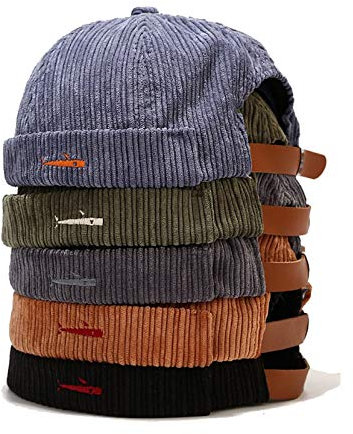 Zegoo Herren Damen Fisch-Stickerei Cord ohne Krempe Matrosenmütze Rollkragen Retro Beanie Mütze - - Einheitsgröße