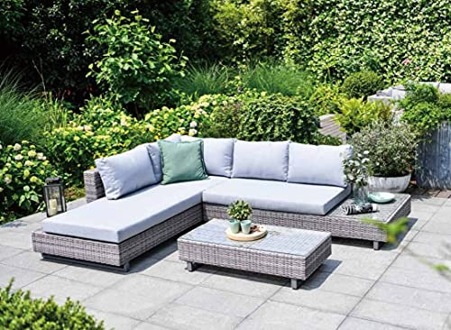 GSD Corner Sofa Sun lounger Rattan Wicker Luxury Garden Set - In Grey w/Grey/Blue Cushions