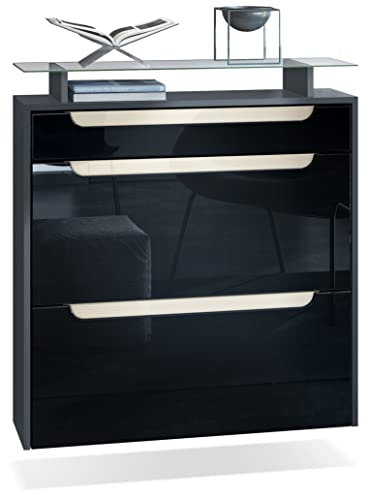 Vladon Schuhschrank Annie, Schuhkipper für 16 Paar Schuhe mit 2 Klappen, 1 Schublade und Glasablage, Anthrazit matt/Schwarz Hochglanz, Griffmulden in Creme Hochglanz (89 x 96 x 23 cm)
