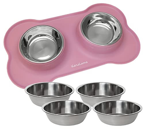 KaraLuna Napfunterlage mit Edelstahl Näpfen für Katzen & Hunde, 400ml, Rosa