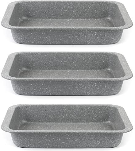 Salter COMBO-8052A Set of 3 Marble Collection Carbon Steel Non-Stick Roasting Pan, Meat Roaster, Batch Brownie Baking Tin, 36 cm, Grey