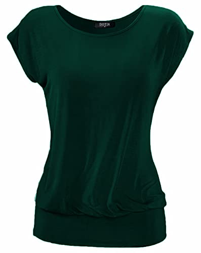 DOTIN Damen T-Shirt Rundhals Kurzarmshirt Allover Durck Stretch Tunika Casual Oberteil Bluse Tops, Dunkelgrün, L