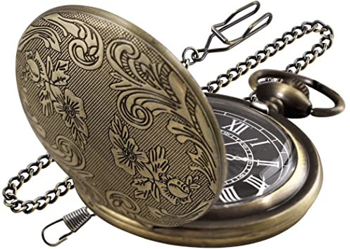 Tiong Quarz-Taschenuhr, Quarz-Uhrwerk, Bronze, geschnitzt, Blumenmuster, Quarz-Taschenuhr mit Kettenclip für Herren, Mb-cfj008…