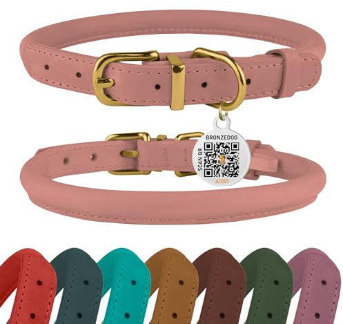 BRONZEDOG Hundehalsband aus gerolltem Leder mit QR-ID-Tag, verstellbar, weiche runde Halsbänder für kleine, mittelgroße und große Hunde, Welpen, Katzen (Rosa, 40-48 cm)