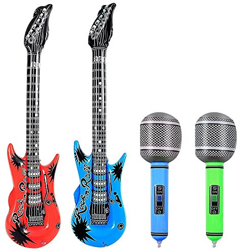ADQUATOR 4pcs 100cm Guitar and 35cm Microphone Inflatable Balloons, Rock and Roll Musical Instruments Set for Adult Kid Party Props Decorations
