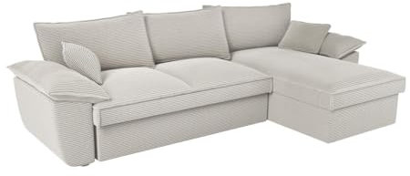Vente-unique-Ecksofa mit Schlaffunktion + Bettkasten - Ecke rechts - Cord - Hellgrau - Guillermo II