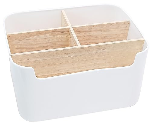 LTHERMELK Desktop Organizer, 5 Fächer Holz Tisch Organizer Desktop Stationery Storage Box Büro Desk Multifunktionale Aufbewahrungsbox für Stifte, Kosmetika, Smartphones (Weiß)