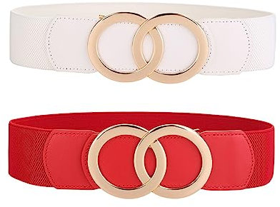 SYMOL Gürtel Damen Elastischer Taillengürtel 70CM-160CM Normale Große Taille Ledergürtel Dehnbarergürtel Mode Frau 5CM Kleidgürtel.(Weiß+Rot,Taille:90CM-110CM)