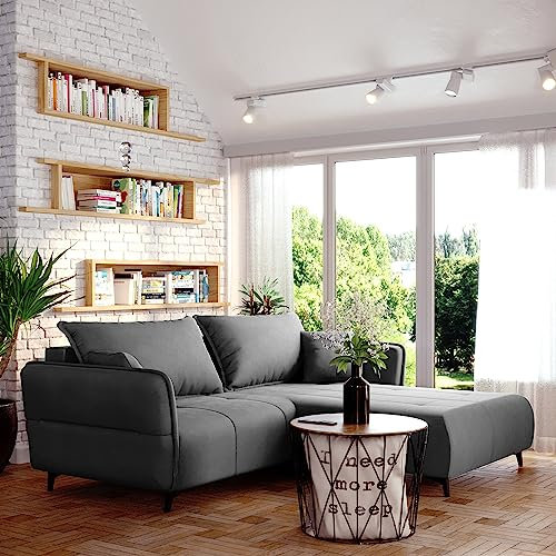 Sofa Isabell mit Bettkasten Schlafsofa Polstersofa mit Schlaffunktion Klappsofa Couch mit Schwarzen Füßen Sofagarnitur Wohnzimmer Gastzimmer (Sofa L-Form, Grau)