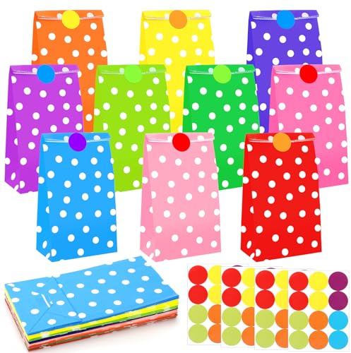 Sac Papier,40 Pièces Sacs Cadeau avec 48 Autocollants,Sachet Bonbons | sacchettini regalo,Sac en Papier Kraft pour Enfant Fêtes Mariage Anniversaire Noël, 24 x 13 x 8 cm, 10 Couleurs