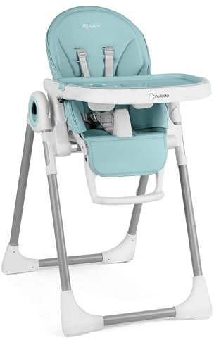 NUKIDO BELO Premium - Babyhochstuhl mit Gurt und Abnehmbarem Tablett - Klappbarer Fütterungsstuhl mit Liegefunktion und Rollen - Mitwachsender - von 6 bis 36 Lebensmonat - 120 x 56 x 75 - Hellblau