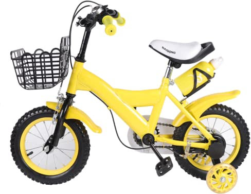 KEESUNG Kinderfahrrad 12 Zoll, Gelb Kinderfahrrad Junge Mädchen Kinderrad mit Aufbewahrungskorb, Klingel, Stützrädern/Ständer, Doppelbremsstützrädern, Handbremse für Ab 2-4 Jahre alte Kinder