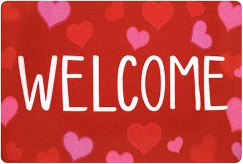 Valentine's Day Doormat Welcome Doormat with Heart Shaped Pattern Door Mat Rug Indoor Front Door Entrance Mats, Low-Profile 24x16 Inch