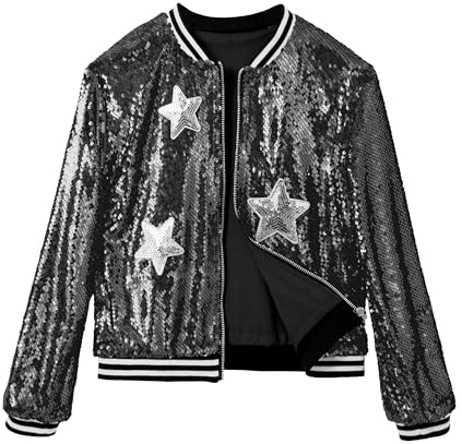 LOLANTA Ragazze Bomber di Paillettes con Tasche, Cerniera, Manica Lunga, Giacche da Baseball Scintillanti per Bambino 4-13 anni