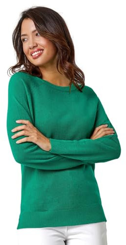 Roman Originals Soft Jumper for Women UK Ladies Winter Autumn Sweater Knit Knitwear Round Crew Neck Top Plain Lightweight Comfy Long Sleeve Split Hem Everyday Daywear - Green - Size 12