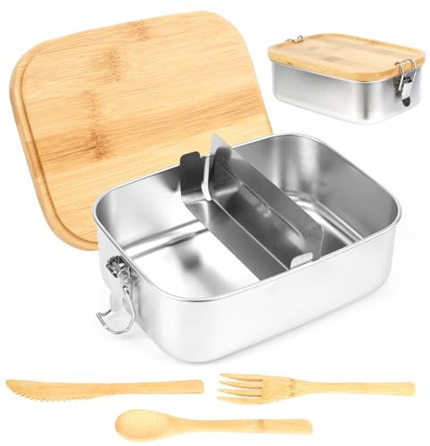 Dadabig Fiambrera de Acero Inoxidable, Fiambrera Con Compartimento,Lonchera de Acero Inoxidable de 1200ML,Fiambrera Bento con Tapa de Bambú,Fiambrera de Acero Inoxidable Hermética para Adultos, Niños
