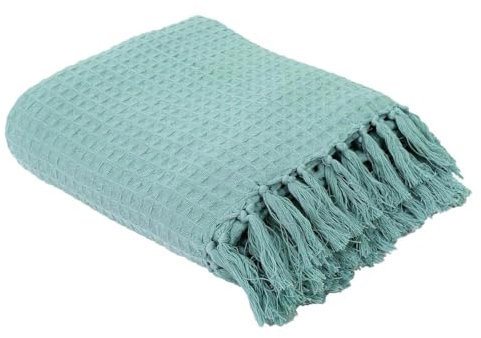 Plaid Jeté de Canapé Gaufré 170x250cm 100% Coton Vert céladon avec Franges