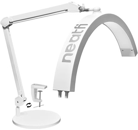 Neatfi Halbmond-Schwenkarm-Tischlampe, LED-Beleuchtung für Kosmetikerinnen, 2500 Lumen, 5 Lichtmodi, Ideal für Nail Art, Gesichtsbehandlungen, Faden- und Tattoos (CCT mit Sockel und Klemme, Weiß)