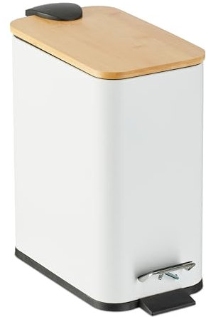 Relaxdays Poubelle de Salle de Bain, 5 litres, métallique, Seau intérieur Amovible, Couvercle en Bambou, Blanche