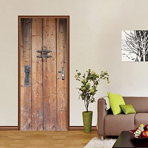 papier peint trompe loeil 90x215cm(35.43 inches * 84.64 inches)Marron porte en bois Autocollants De Porte 3D Stickers Porte Poster Couloir 3D Papier Peint Porte Trompe L'Oeil Pour Salon Chambre Décora