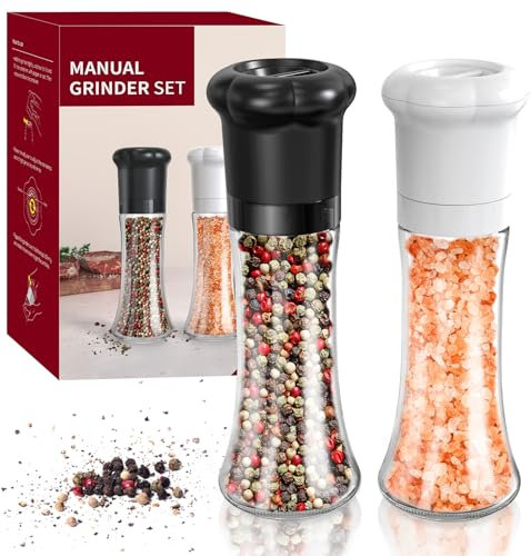 CIRCLE JOY Juego Manual de Molinillo de Sal y Pimienta para Chef Profesional, Salero y Pimentero con Cuchillas de Cerámica, Grosor Ajustable y Recipiente de Vidrio de 180ml sin BPA, Alto Negro Blanco