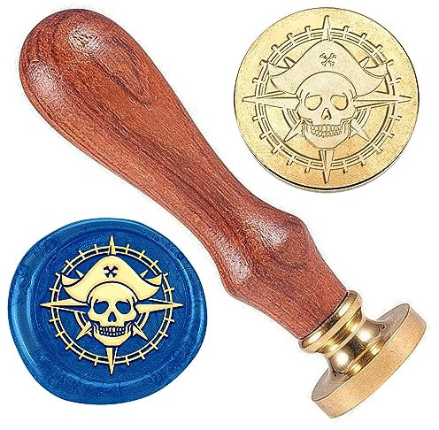 DELORIGIN Wachs Siegelstempel Mit Piratentotenkopf Vintage Kompass Wachsstempel Messing Halloween Wachsstempel Set Mit Holzgriff Für Partyeinladungen Weinpakete Geschenkverpackungen Karten Dekoration