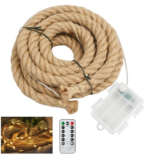 Litinliv Luci a Corda LED in Canapa a Batteria, 300cm, 60 LED, 8 Modalità, Catene Luminose Telecomando, Stringa Luci per Interni, Esterni, Giardino, Bianca Calda