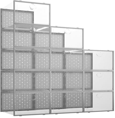 Pinkpum Schuhboxen, 12er Set Schuhbox, Schuh-Organizer aus Kunststoff, Faltbar und Stapelbar mit PS Türrahmen, für Schuhe bis Größe 44, Grau