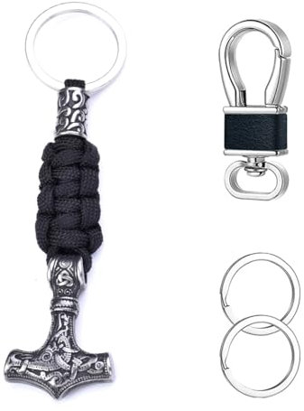 JHBTFQ Wikinger Schlüsselanhänger Thors Hammer Mjölnir mit Paracord Odin Auto Rucksack Anhänger Nordisch Amulett Geschenk,Vintage grau