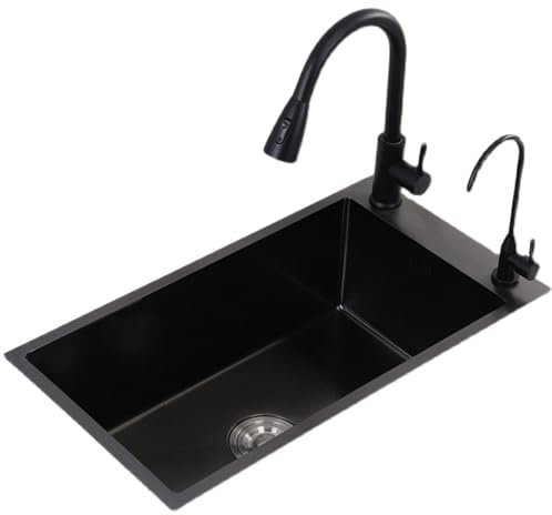 Fregadero lateral estrecho para cocina, fregadero de acero inoxidable 304 con 7 accesorios (75 x 40 x 22 cm), color negro