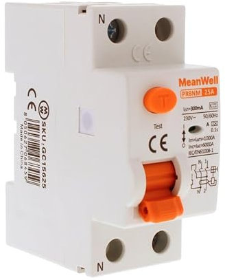 MeanWell Interruptor diferencial 300mA, Clase A, 1P+N 6000A 300mA, 2 módulos DIN, Residual Current Circuit Breaker, RCCB 1P+N 25A