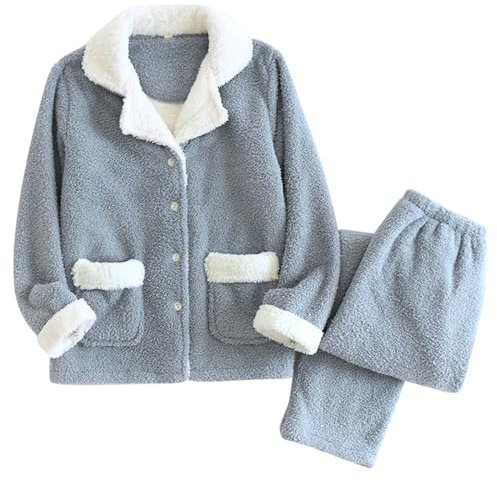 lozssnigzi Pigiama Donna Invernale Pigiama-Felpato Caldo Set Pigiama Casa Elegante Pigiama con-Bottoni Tuta Due Pezzi Pigiama-Pile Donna, Ciniglia Pigiami Flanella Invernali