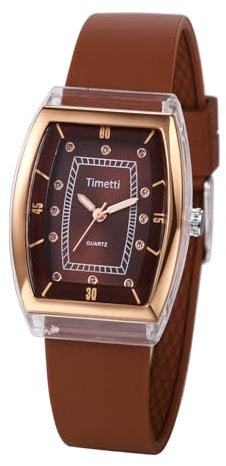 JewelryWe Damenuhr Tonneau Silikon Uhren: Einzigartige Analog Quarz Armbanduhr Damen Braun Silikonarmband Freizeit Sport Uhr mit Rechteckigem Gehäuse und Diamantskala