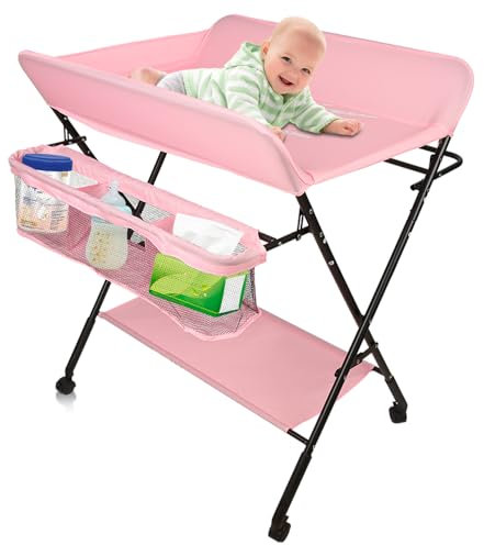 Baby Wickelkombi - klappbare Wickelkommode, mobiler Wickeltisch mit Wickelauflage, Sicherheitsgurt und Ablagefächern, platzsparend & stabil 80 * 66 * 98cm (Pink)