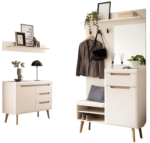 Furn.Design Garderobe Set 3-teilig in weiß matt und Eiche Kompaktgarderobe skandinavisch 227x197 cm Soft-Close, Isgard