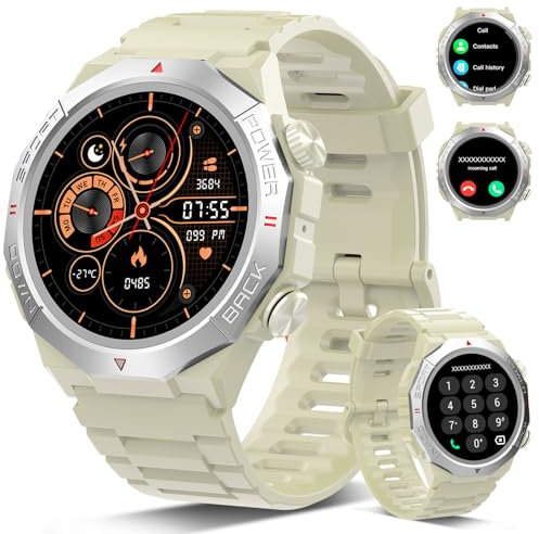 Militär Smartwatch Herren Damen, Smart Watch mitTelefonfunktion 1,39 Touchscreen, Herzfrequenzmonitor Schlafmonitor IP68 Wasserdicht Sportuhr, 110+ Sportmodi Fitnessuhr für iOS Android, Beige