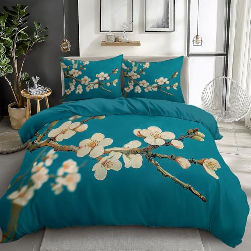 Teal Duvet Cover Sets Watercolor Painting Plant Apricot Tree, Soft Luxury Brushed Microfiber Duvet Cover Set, Reversible Bedding Sets 3pcs with Zipper Closure for Boys Girls Double