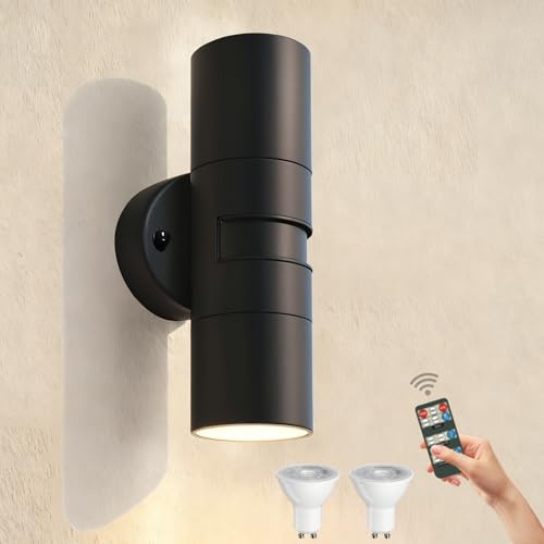JNR Außenlampe mit Bewegungsmelder und Fernbedienung, Aussenlampe Schwarz | Einstellbarer Bewegungsmelder Dämmerungssensor, IP54 Wasserdichte 230V Edelstahl Aussenlampe, 2*5W GU10 3000K LED Glühbirne