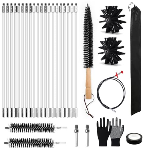31 Schornsteinfeger Bürste Set Kaminbürsten Premium (150mm Bürstenkopf) | 20x Flexible Stangen Inkl. 2 Bürsten, Trocknerbürste, Handschuhe Aufbewahrungstasche Für Schornstein, Kaminrohr für Kamine.