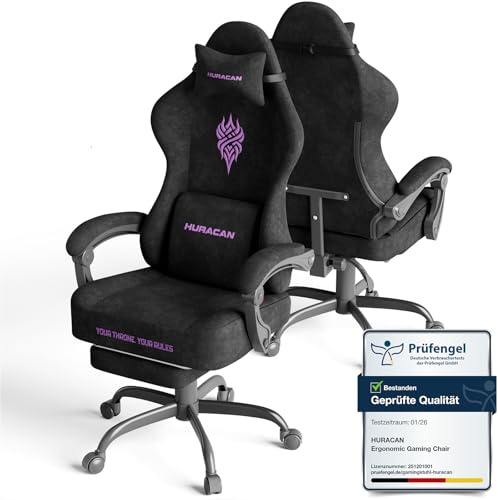 Huracan Sedia da Gaming Massaggiante con Poggiapiedi Telescopico, Ergonomico Sedie gamer, Gamer Chair Tessuto in Velluto Traspirante Poltrona da gaming per Lunghe Sessioni di Gaming e Lavoro, Nero