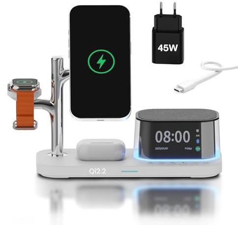 Caricatore Wireless Magnetica 5 in 1 con Sveglia, Altoparlante Bluetooth e Luce Notturna LED per MagSafe di MMOBIEL – Stazione Ricarica Qi2.2 25W per iPhone, per Apple Watch e per AirPods – Bianco