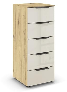 Rauch Möbel Flipp, Kommode, Farbe Glas Beige/Eiche Artisan, Breite 40 cm | Sideboard, 5 Schubladen, Glasfront, Soft-Close-Funktion, für Schlafzimmer, Gästezimmer, Wohnzimmer, Garderobe, Flur
