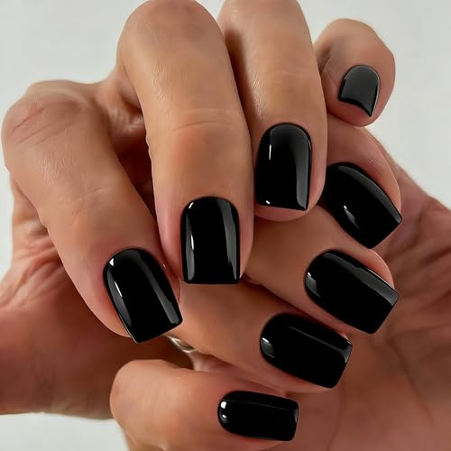 SXVME Press On Nails Short - Black False Nails Square, 30 Pcs 15 Sizes Thick Natural Short Fake Nails Press ons, Reusable Opaque Glossy Gel Artificial Nail Set for Everyday Office Wear