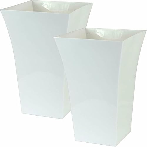 OptiProducts Tall Square Planter Pots (Set of 2) – Large Modern Indoor & Outdoor Plant Pots | Decorative Garden, Patio & Home Planters for Flowers, Shrubs & Small Trees (White)