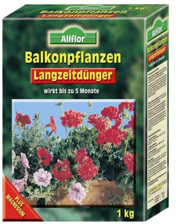 Allflor Balkonpflanzendünger 1 x 1 kg I 5 Monate Langzeitwirkung I Feingranulat in der Faltschachtel I Für Beet-, Balkon- und Kübelpflanzen I NPK-Dünger mit optimaler Nährstoffversorgung