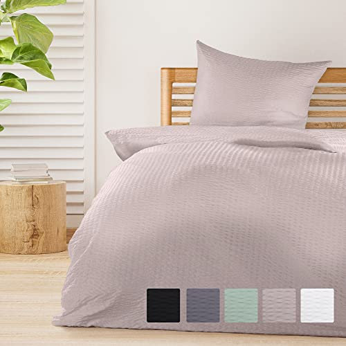 Beautissu 2tlg Seersucker Bettwäsche 155x220 cm Sommer & Kopfkissen Bezug 80x80 cm – Bügelfrei Bettwäsche-Sets Bettbezug Sommerbettwäsche 155x220 – Hautfreundlich Bettwaren & Bettwäsche Taupe – Meline